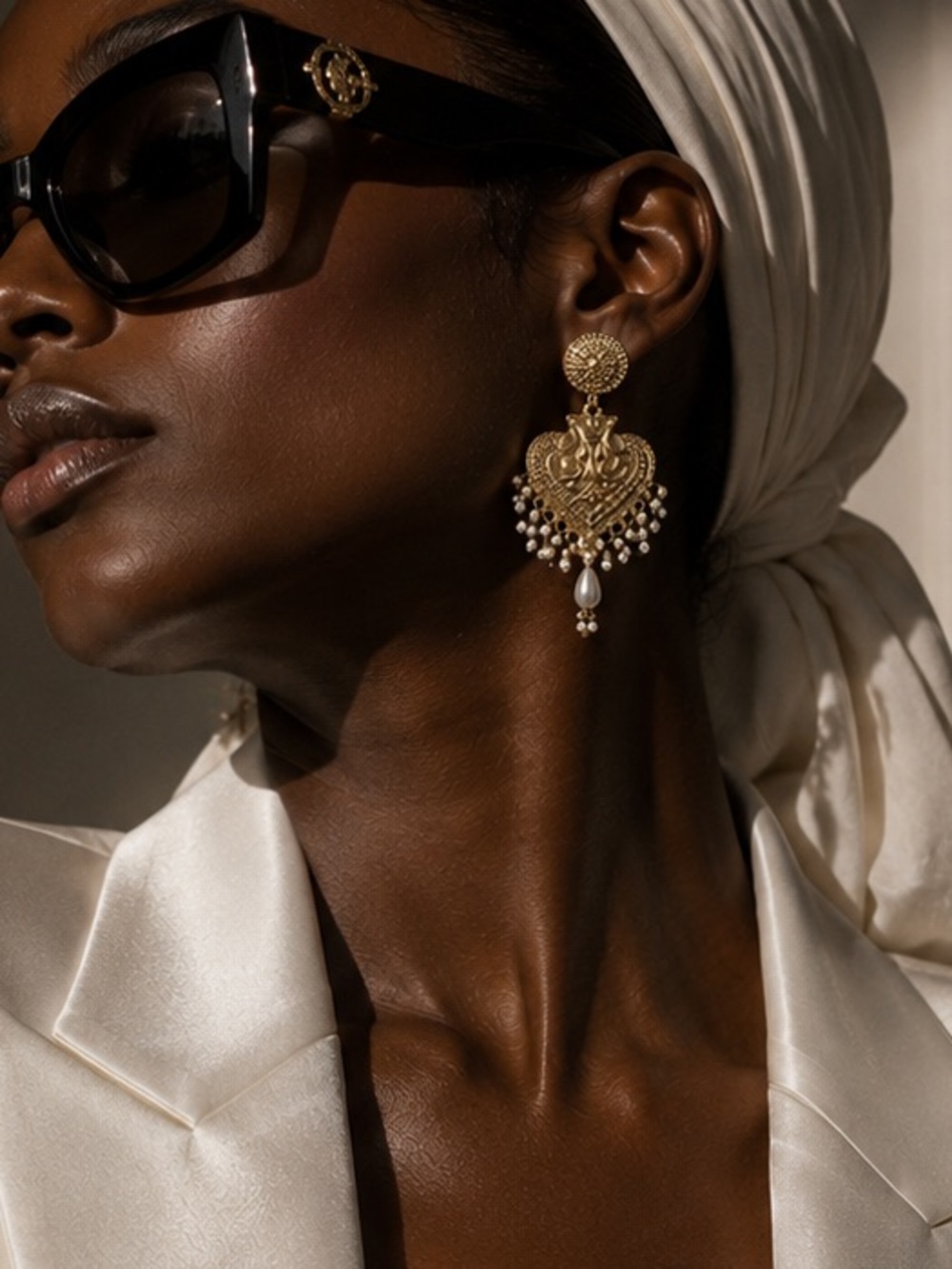 Gold Heart Dangle Earrings with Pearl Fringe